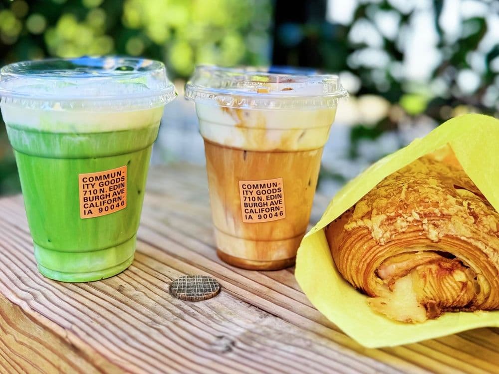 Green matcha and iced coffee drinks at Community Goods